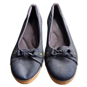 Grasshoppers Navy Denim Memory Luxe Bow Cork Wedge Shoes Size 9 / 3331